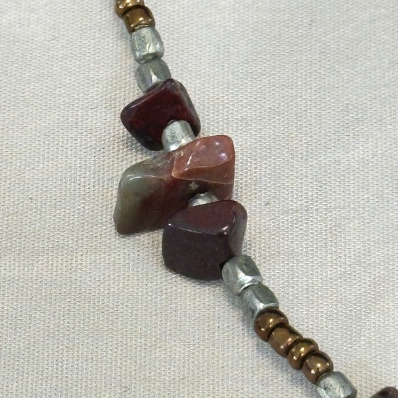 Red Jasper Stone Chip Necklace w/Multicolored Seed Beads Spring Ring Clasp - Picture 8 of 16